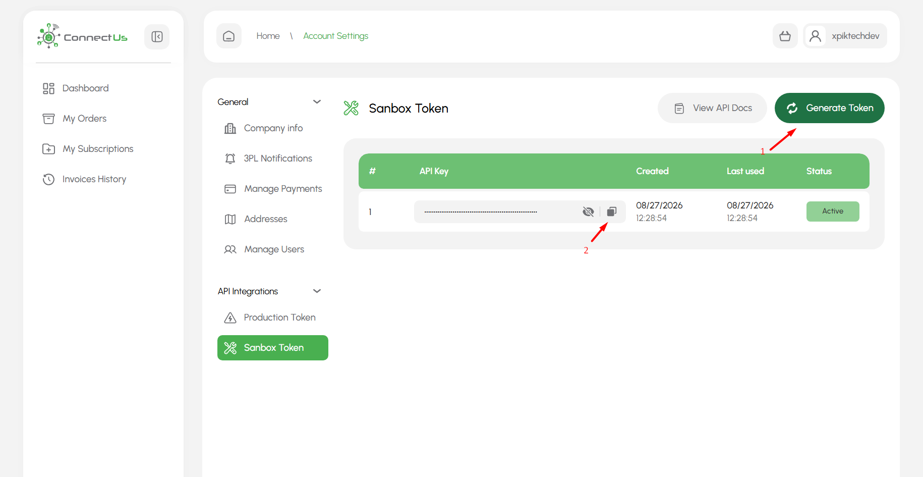 SSP Account Settings page showing Generate Token and Copy Token controls
